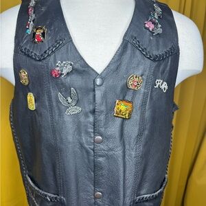 Black Leather Pin-Embellished Women's Vest